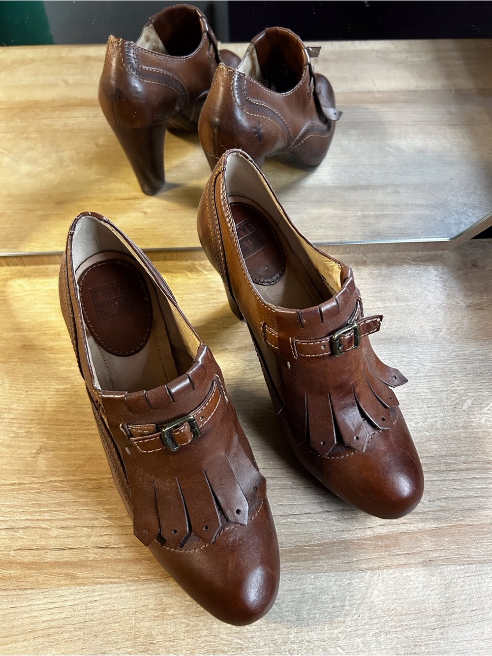 Frye Miranda Kiltie Leather Oxford Heels with Fringe and Buckle